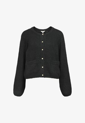 Cardigan nero corto realizzato in morbido tessuto testurizzato con maniche lunghe, scollatura tonda e chiusura con bottoni dorati, dotato di due tasche anteriori.