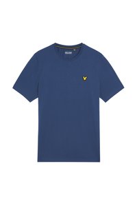 T-shirt in cotone blu navy con maniche corte, caratterizzato da un piccolo logo ricamato di un'aquila gialla sul lato sinistro del petto e un collo a giro.