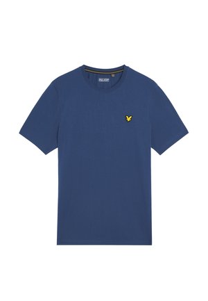 T-shirt en coton bleu marine à manches courtes, avec un petit logo d'aigle brodé jaune sur la poitrine gauche et un col rond.