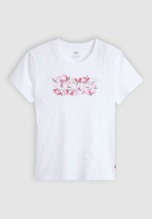 Λευκό βαμβακερό T-shirt με λογότυπο "Levi's" σε ροζ με σχέδιο λουλουδιών, με κοντά μανίκια και στρογγυλή λαιμόκοψη. Ομαλή υφή, βασικό σχήμα.