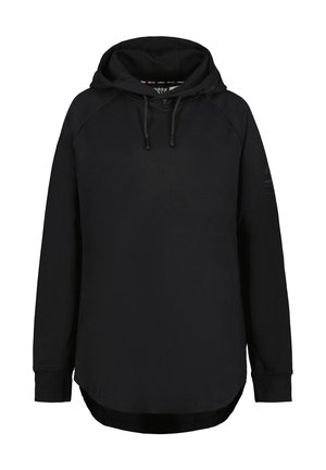 Zwarte hoodie met lange mouwen, trekkoorden, geribde manchetten en een afgeronde zoom, van voren gezien tegen een witte achtergrond.