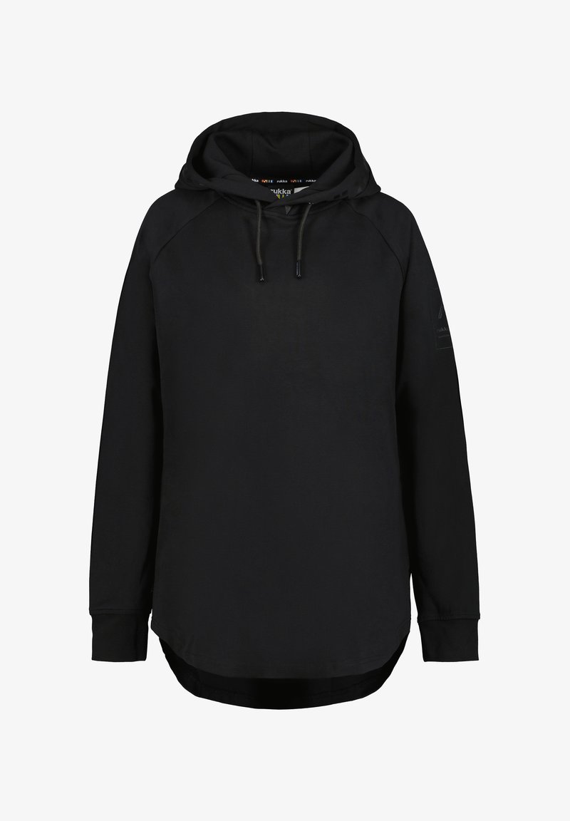 Sweat à capuche noir à manches longues avec cordons, poignets côtelés et ourlet arrondi, présenté de face sur fond blanc.