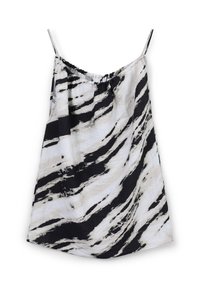 Camisole à motif noir et blanc avec de fines bretelles ajustables, en tissu fluide et ornée de tourbillons abstraits ressemblant à du tie-dye.