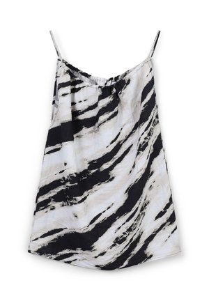 Schwarz-weiße gemusterte Camisole mit dünnen verstellbaren Trägern, aus fließendem Stoff und abstrakten Wirbeln, die an Batik erinnern.
