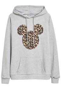 Šedá mikina s leopardím potiskem siluety Mickey Mouse na přední straně. Má klokaní kapsu a kapuci na šňůrku. Jemná textilní struktura.