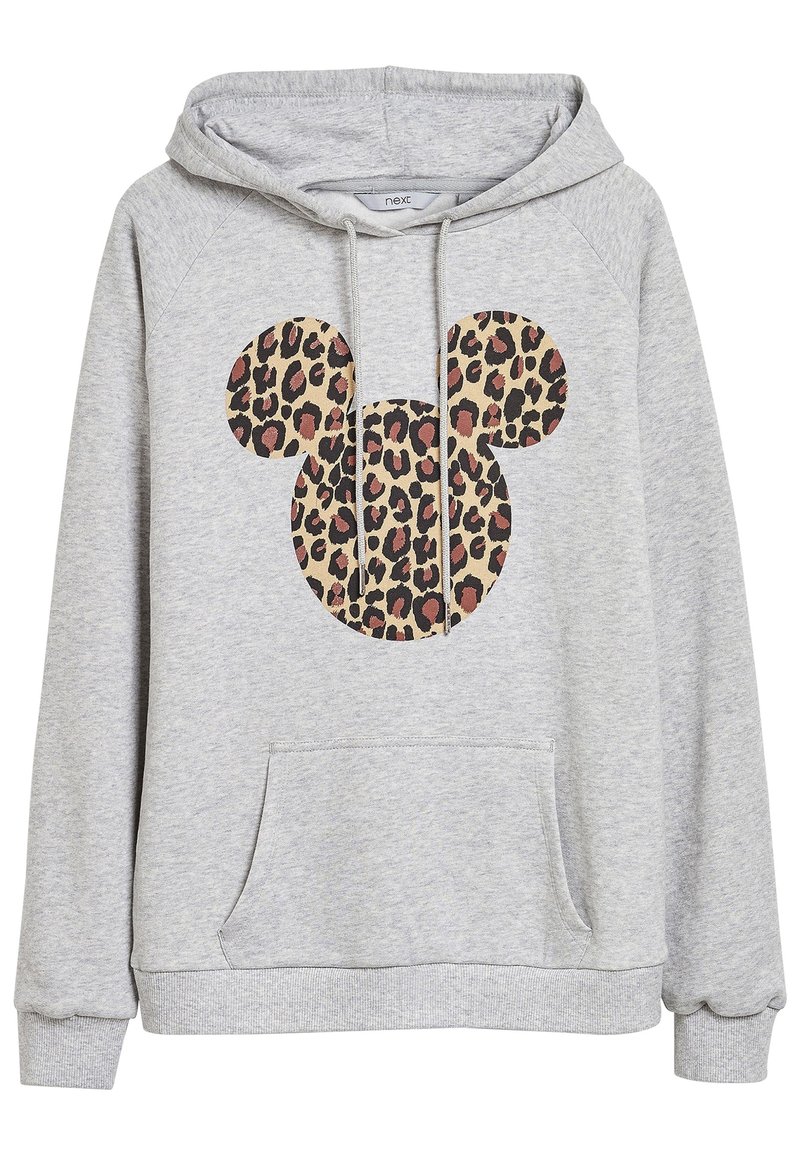 Šedá mikina s leopardím potiskem siluety Mickey Mouse na přední straně. Má klokaní kapsu a kapuci na šňůrku. Jemná textilní struktura.