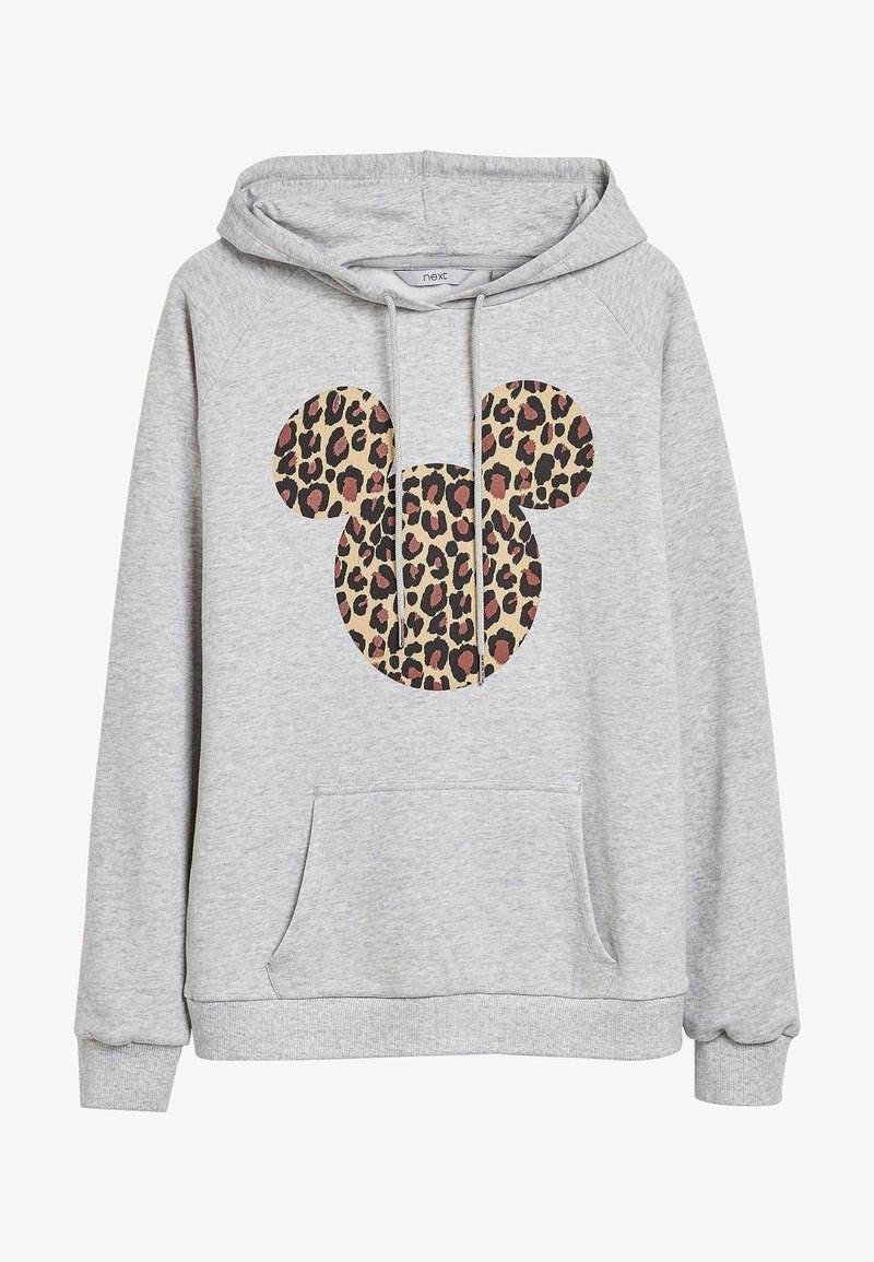 Šedá mikina s leopardím potiskem siluety Mickey Mouse na přední straně. Má klokaní kapsu a kapuci na šňůrku. Jemná textilní struktura.