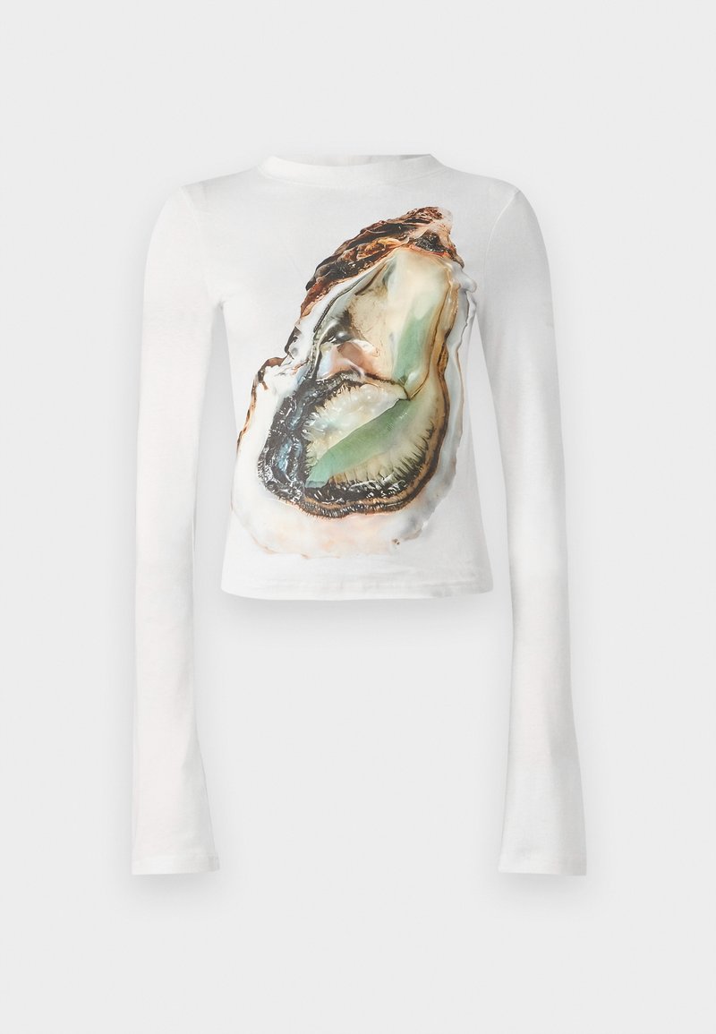 White long-sleeve shirt featuring a large graphic print of an open oyster with green and brown accents, made from a soft, stretchy fabric.