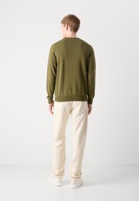 Olivgrüner Strickpullover mit Rundhalsausschnitt, langen Ärmeln und geripptem Saum, kombiniert mit hellbeigen Hose und weißen Sneakers.