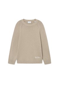 Beige strikkegenser med rund hals, ribbestrikket kant og mansjetter, med et brodert merke på forsiden. Myk tekstur, avslappet passform.