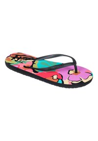 Bunte Flip-Flops mit einem floralen Muster in Pink, Türkis und Orange. Schwarze Gummiriemen und strukturierte Sohle für einen guten Halt. Markenlogo sichtbar.