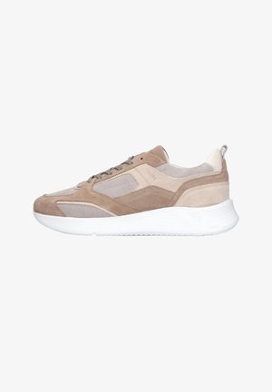 Light brown and beige suede and mesh sneaker with lace-up front and thick white sole, side view on white background.