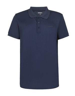 Μπλε ναυτικό polo μπλούζα με κοντά μανίκια, γιακά και τριπλό κουμπί, μεσαίο μέγεθος, απλός σχεδιασμός με μικρό λογότυπο στο στήθος.