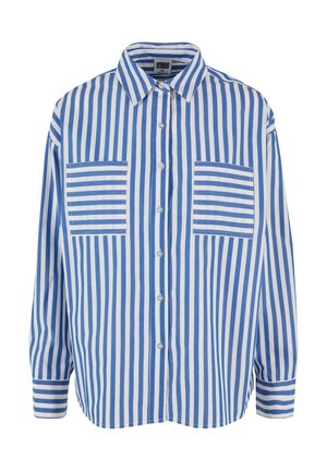 Niebieska i biała koszula w paski z guzikami z przodu, długimi rękawami i dwoma kieszeniami na piersi z poziomymi paskami. Materiał bawełniany, luźny krój.
