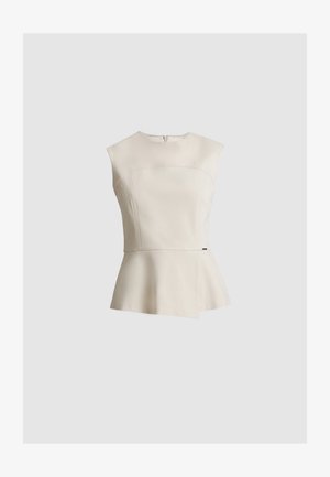 Peplum-toppi off-white-kankaasta, jossa on korkea kaulus, hihaton malli ja sivuvetoketju. Teksturoidut paneelit lisäävät visuaalista mielenkiintoa.