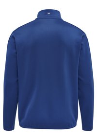 Pullover blu navy realizzato in tessuto liscio, con colletto alto e maniche lunghe. Presenta un piccolo logo bianco sulla parte posteriore del collo.