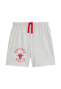 Šedé bavlněné šortky s elastickým pasem a červeným stahovacím šňůrkou. Na levé nohavici je červená a černá logo Chicago Bulls.