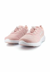 Ljusrosa atletiska skor med en andningsbar mesh-övre, texturerad design, justerbart fäste och vit gummisula.