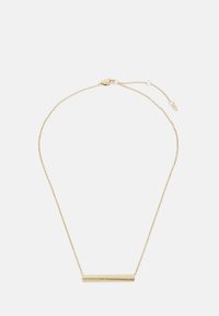 Gold necklace with a delicate chain, featuring a textured, horizontally-aligned bar pendant. Adjustable clasp for size variation.