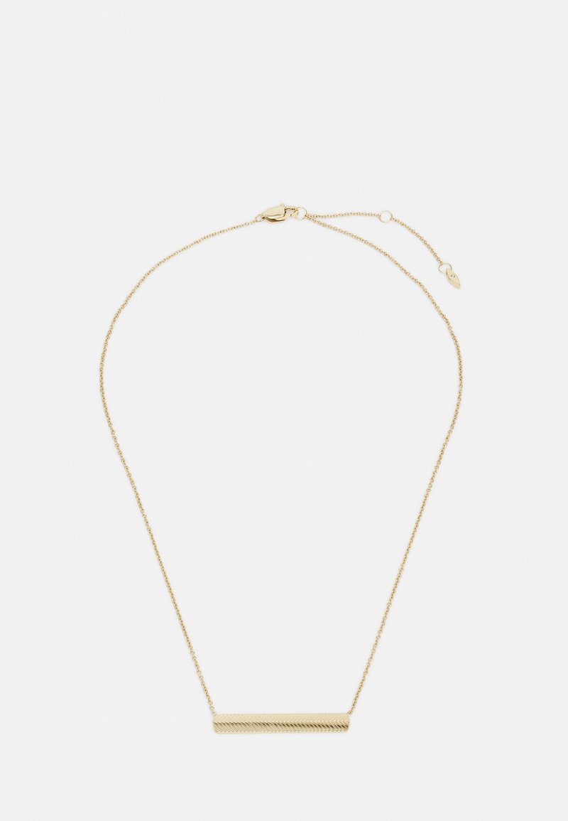 Gold necklace with a delicate chain, featuring a textured, horizontally-aligned bar pendant. Adjustable clasp for size variation.