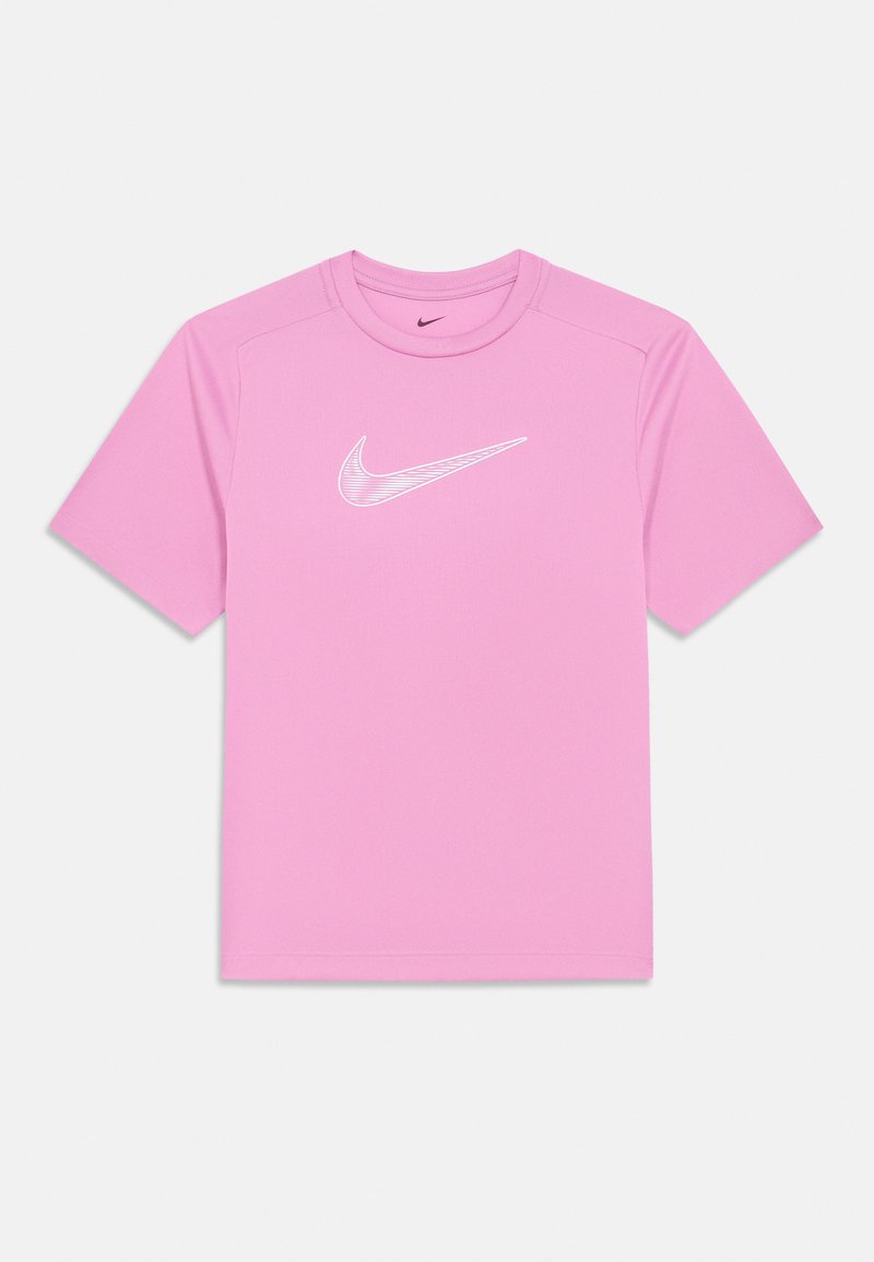 Maglietta sportiva rosa a maniche corte con logo Nike swoosh bianco centrato sul petto.