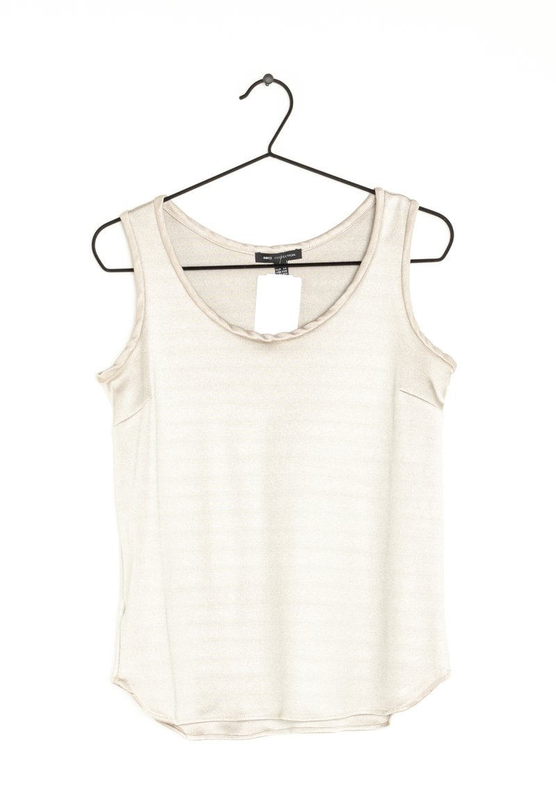 Débardeur léger beige clair avec un encolure dégagée, texture douce et rayures subtiles. Présente une poche latérale unique et un ourlet arrondi.