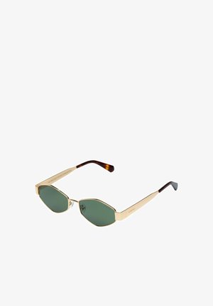 Zonnebril met gouden montuur, donkergroene achthoekige lenzen en pootjes met schildpaddenmotief.