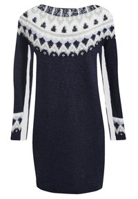 Vestito a maglia blu navy con finitura texturizzata. Presenta un colletto a yoke a righe bianche e blu, maniche lunghe e scollatura arrotondata.