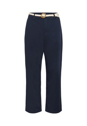 Pantaloni in cotone blu navy con una vestibilità dritta, dotati di una cintura intrecciata color crema con una fibbia rotonda dorata e tasche laterali.