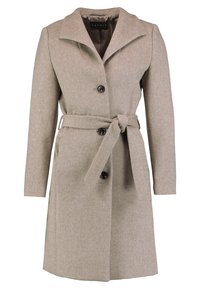 Beige wool blend coat with a notched collar, single-breasted button closure, and a fabric belt. Features long sleeves and a tailored cut.