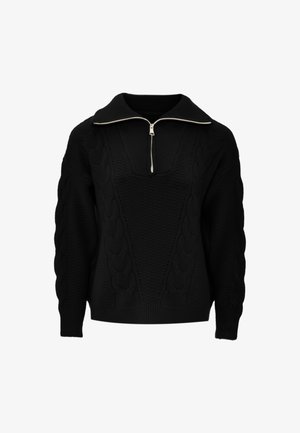 Schwarzer Strickpullover mit Cable-Muster, gerippter Textur, weitem Kragen und halbem Reißverschluss vorne.
