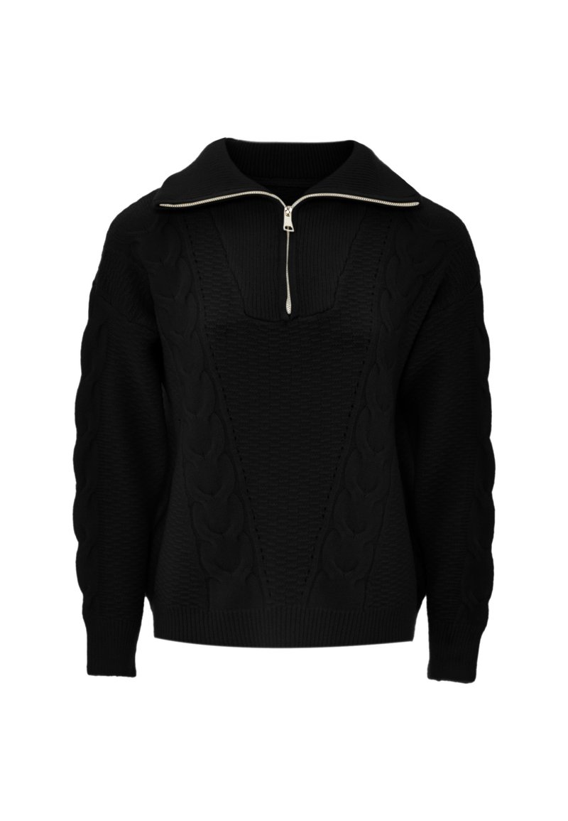 Maglione nero a maglia con motivo a treccia, texture a coste, collo ampio e chiusura frontale a mezza zip.