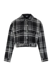 Chaqueta corta en patrón de cuadros en blanco y negro, hecha de un tejido texturizado. Presenta un cuello y dos bolsillos frontales.