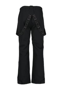 Sorte snebukser med brede ben, elastisk talje og dobbelte stropper, der krydser bagpå. Har en glat, vandtæt overflade.