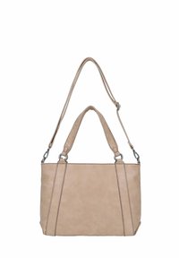Bolso de mano sintético beige con doble asa y correa de hombro ajustable, que presenta una textura suave y detalles de costura en contraste.