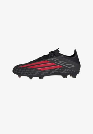 Black soccer cleat with red stripes, white "F50" text, and molded studs on the sole, shown in a right side profile.