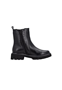 Black leather ankle boots with a smooth texture, side zipper, and chunky rubber sole for traction. Features a pull tab on the heel.