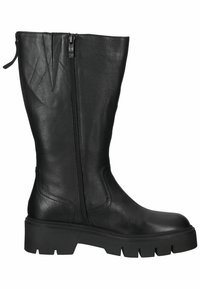 Botte haute en cuir noir avec fermeture éclair latérale, bout arrondi et semelle à crampons épaisse conçue pour la durabilité et le style.