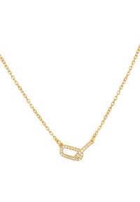 Goldene Kettenhalskette mit einem geometrisch geformten Anhänger, der mit kleinen klaren Edelsteinen verziert ist und einen Kontrast zur Kette bildet.