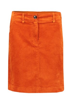 Orange kordnederdel med bæltestropper, frontknap og lynlås, i en lige, oven knæet-stil.