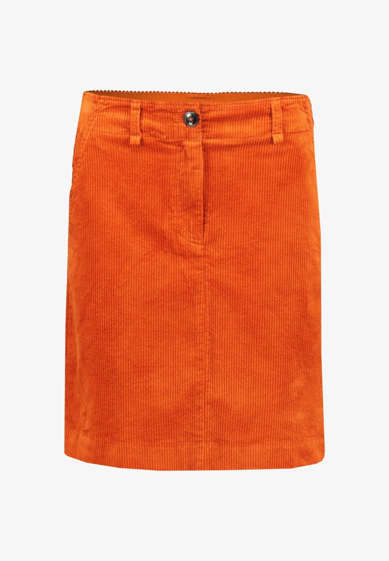 Jupe en velours côtelé orange avec passants de ceinture, bouton sur le devant et fermeture éclair, de style droit au-dessus du genou.
