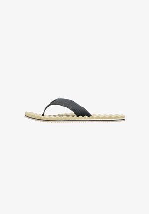 Schwarze Flip-Flops mit einem strukturierten Oberriemen, ausgestattet mit einer beigen Zickzack-Sohle und einem leichten Design. Geeignet für die Freizeit.