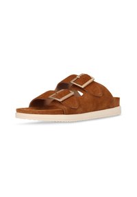 Brown suede sandals with two adjustable buckles, open-toe design, and a textured white rubber sole.