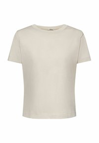 T-shirt z krótkim rękawem, okrągłym dekoltem w jasnobeżowym kolorze, wykonany z bawełny o luźnym kroju. Posiada czyste szwy i gładką, równą teksturę.