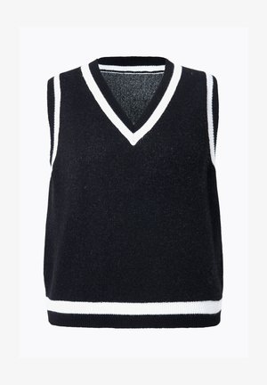 Sort ærmeløs vest med V-hals, der har hvid pynt langs halsudskæringen og kanten. Fremstillet af tekstureret stof, har en afslappet pasform.
