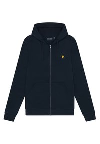 Navy Zip-Hoodie aus Baumwollmix mit Fronttaschen, Kordelzugkapuze und kleinem gelbem gesticktem Logo auf der Brust.