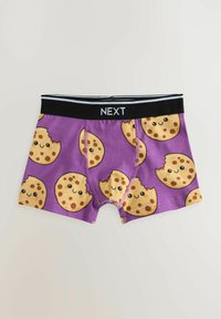 Chlapčenské boxerské trenky z fialovej látky s motívom sušienok, elastický pás so značkovaním "NEXT" a kontrastné švy.