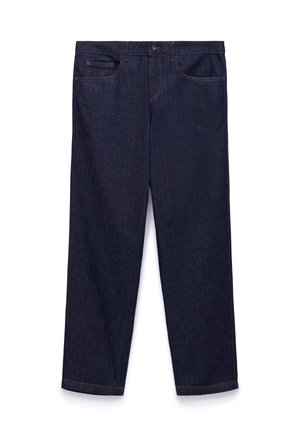 Jeans in denim blu scuro con gamba dritta, chiusura frontale con bottone e cerniera, e design con cinque tasche inclusa una tasca porta-monete.