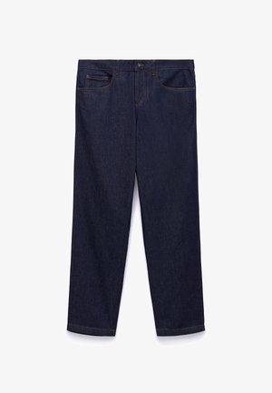 Jeans in denim blu scuro con gamba dritta, chiusura frontale con bottone e cerniera, e design con cinque tasche inclusa una tasca porta-monete.