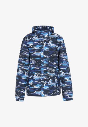 Vandafvisende jakke med et blåt og marineblåt bølgemønster, med lynlås lukning, justerbar hætte og elastiske manchetter for en tætsiddende pasform.